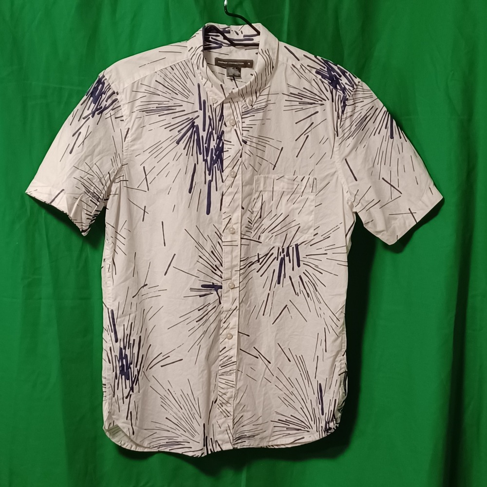 French Connection Mens White Blue Abstract Starburst Print Button Down Shirt M‎